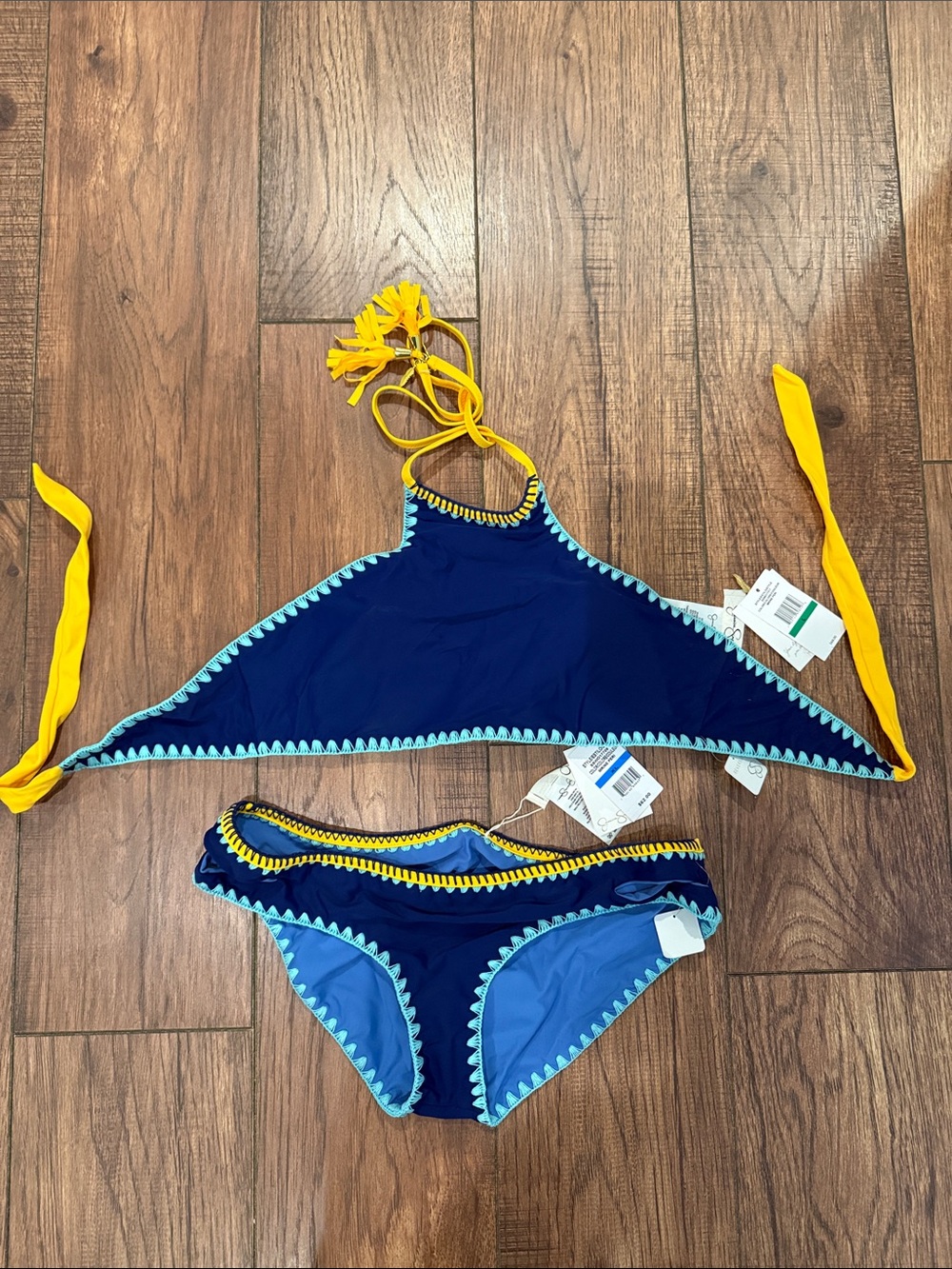 Jessica Simpson Navy & Yellow Crochet-Trim Reversible Bikini Top and Bottoms